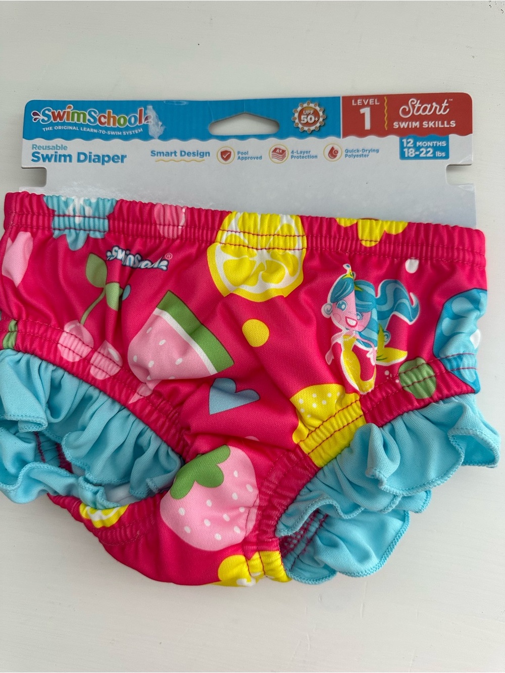 SwimSchool Pink Fruit & Mermaid Swim Diaper with Blue Ruffle